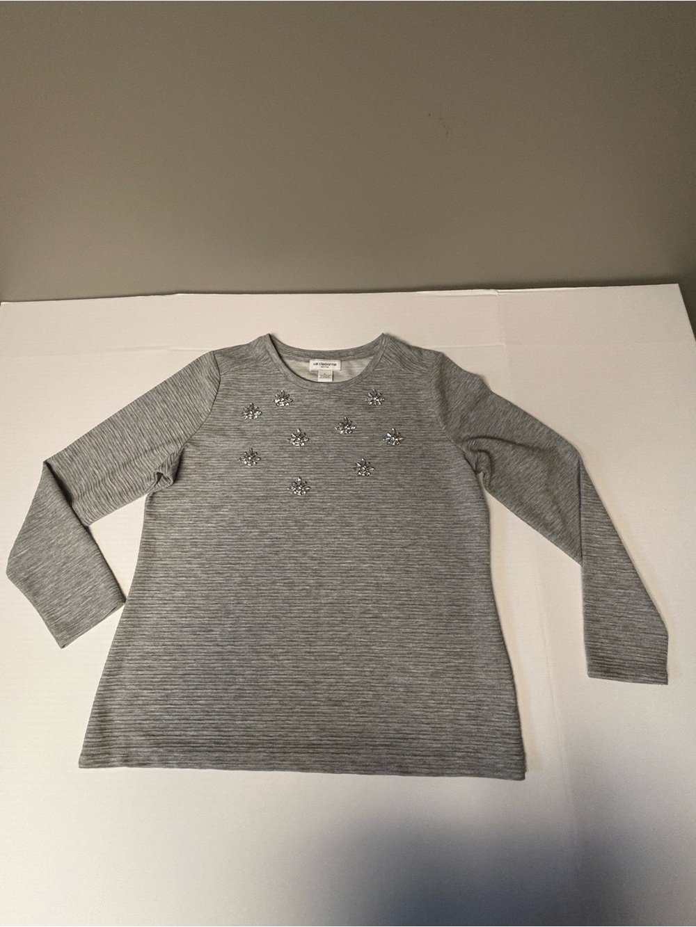 Liz Claiborne Woman’s Gray Long-Sleeve Jewel-Embellished Top